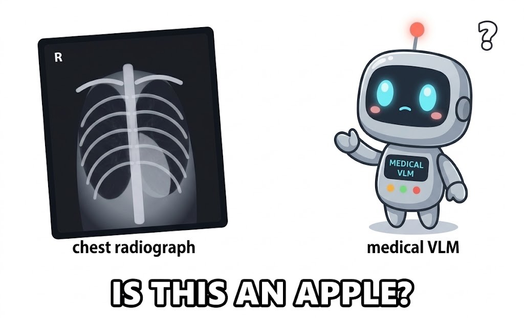 Cartoon: a robot labelled medical VLM looks at a chest radiograph and asks, Is this an apple?